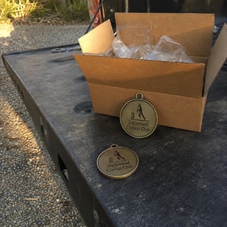 Die-cast wrestling medals with ribbons in a shipping box
